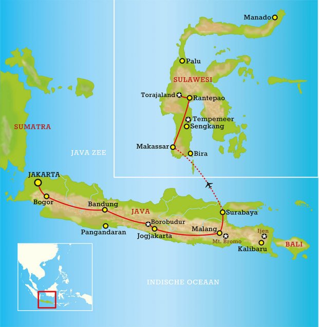 Routekaart Java, Sulawesi Magic 17 dagen